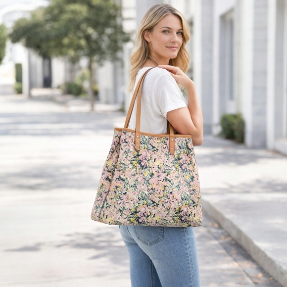 Tory Burch Kerrington Square Tote Flower Field Pink Floral Large Shoulder Bag - Picture 11 of 16